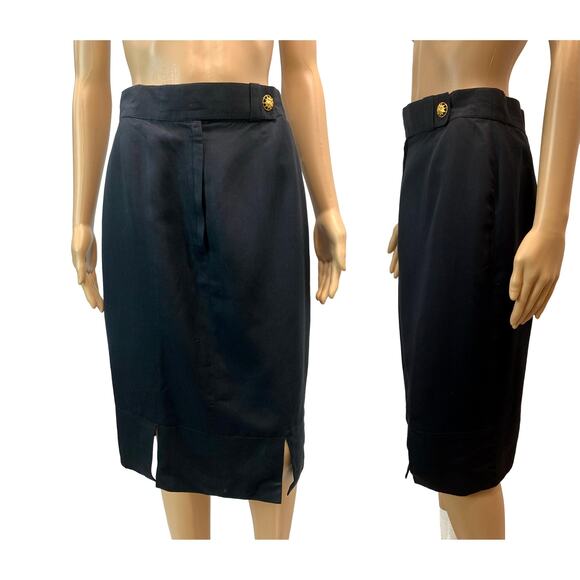 80's Louis Féraud Structured Black Pencil Skirt w Gold Sun Face Button | 28" - Picture 11 of 12